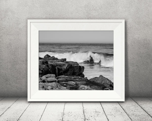 Rocky Coast Ocean Photograph Black White