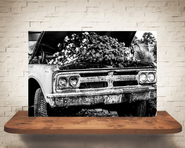 Old Truck Flower Photograph Black White