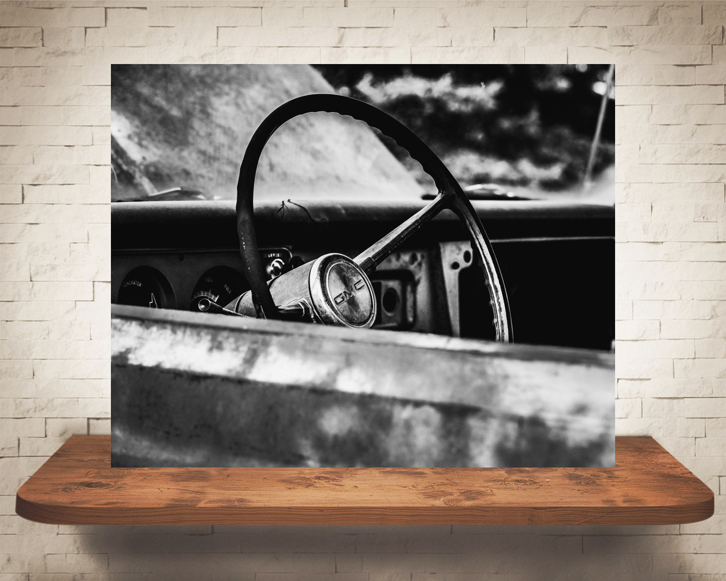 Old Truck Steering Wheel Photograph Black White