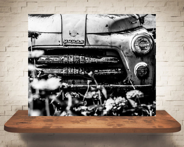 Old Truck Flowers Photograph Black White
