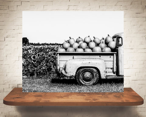 Truck Pumpkins Fall Photograph Black White