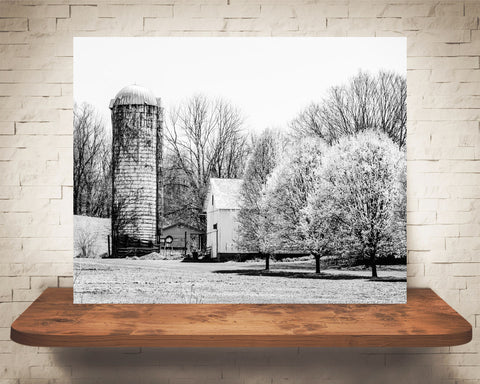 White Barn and Silo Photograph Black White