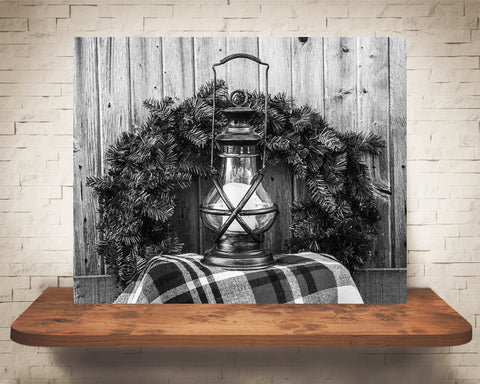 Christmas Wreath Lantern Photograph Black White